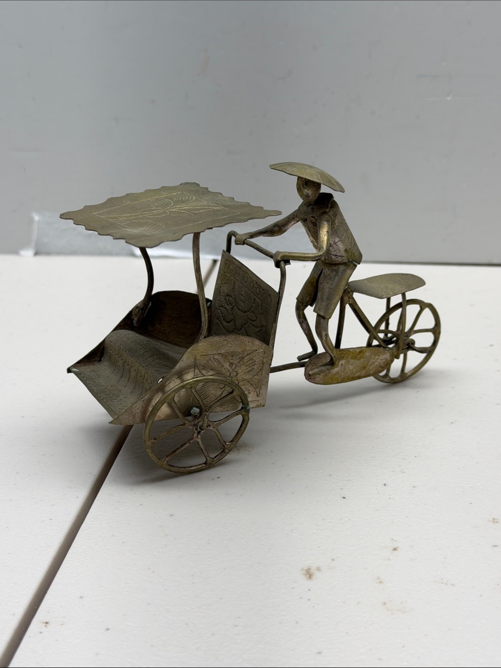 Vintage Antique Chinese Asian Thai Tin Metal Rickshaw Tuk Tuk Pedicab Art